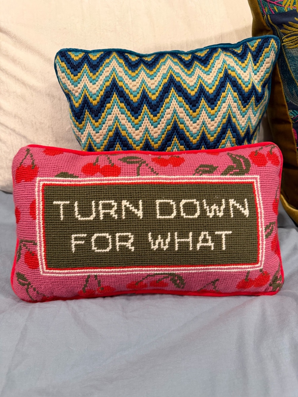 Pink Cherry Needlepoint Accent Pillow with Text “turn down for what”